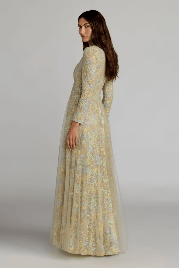 Long Sleeve Embellished Lace A-Line Gown - ALBOUSHIYA - district 5 - dubai - riyadh - abaya - dresses - designers - evening wear - luxury - elegance - craftsmanship - gowns - cocktail dresses - collections - georges