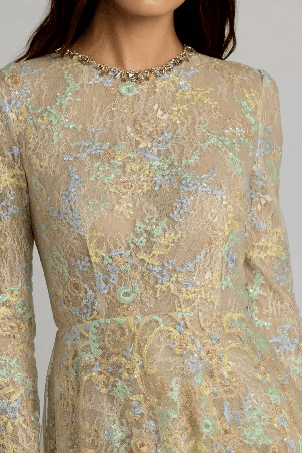 Long Sleeve Embellished Lace A-Line Gown - ALBOUSHIYA - district 5 - dubai - riyadh - abaya - dresses - designers - evening wear - luxury - elegance - craftsmanship - gowns - cocktail dresses - collections - georges
