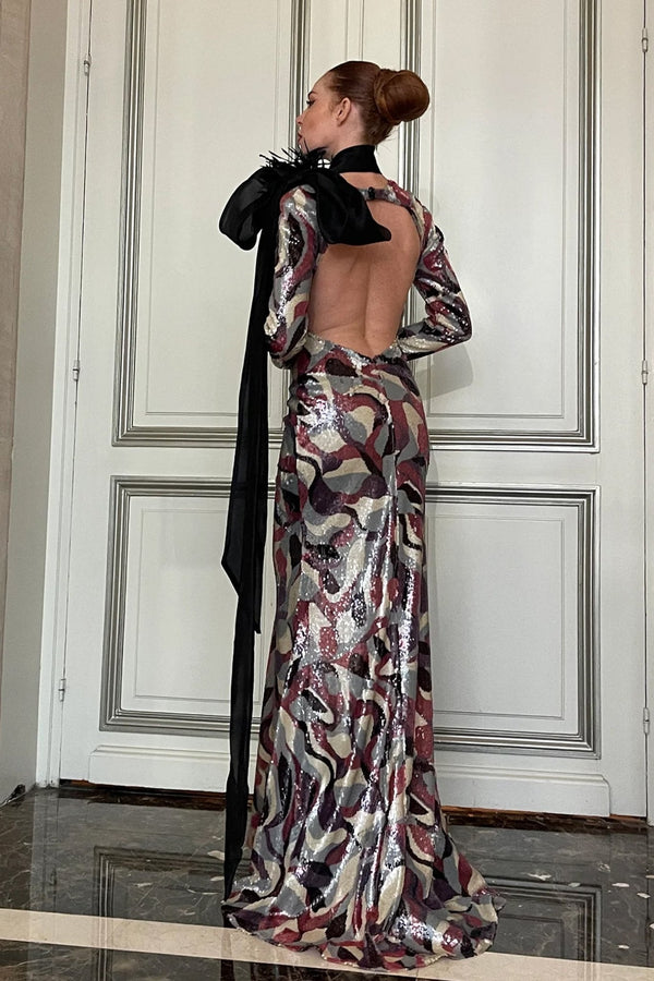 Long - Sleeved Mermaid Dress with Neck Bow - ALBOUSHIYA - district 5 - dubai - riyadh - abaya - dresses - designers - evening wear - luxury - elegance - craftsmanship - gowns - cocktail dresses - collections - georges