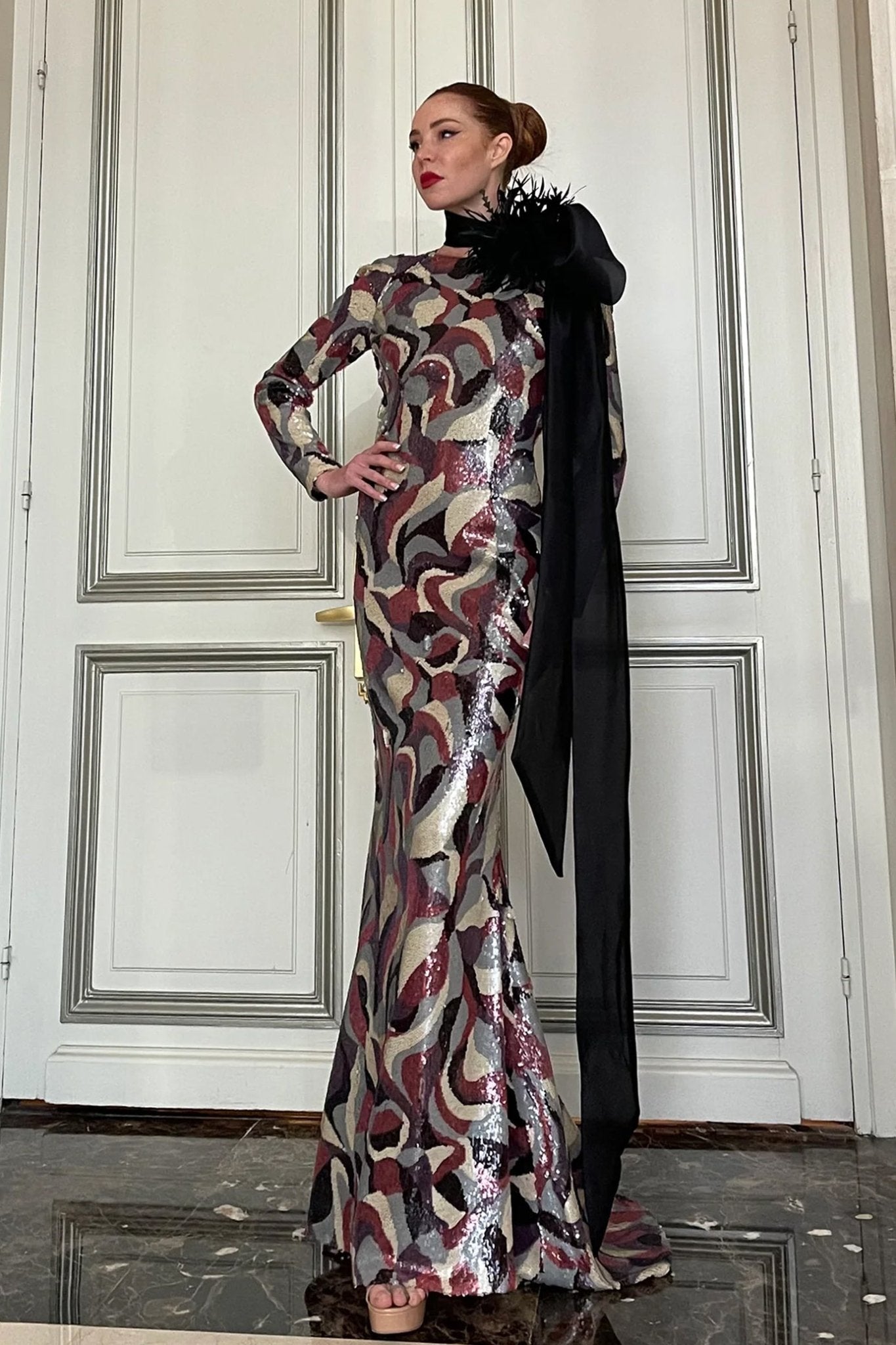 Long - Sleeved Mermaid Dress with Neck Bow - ALBOUSHIYA - district 5 - dubai - riyadh - abaya - dresses - designers - evening wear - luxury - elegance - craftsmanship - gowns - cocktail dresses - collections - georges