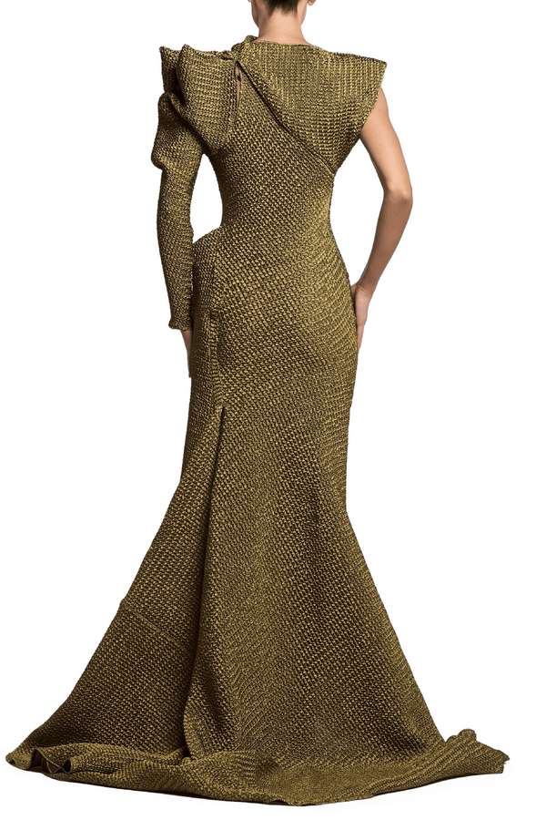 Lyra Gown in Gold Waffle - ALBOUSHIYA - district 5 - dubai - riyadh - abaya - dresses - designers - evening wear - luxury - elegance - craftsmanship - gowns - cocktail dresses - collections - georges