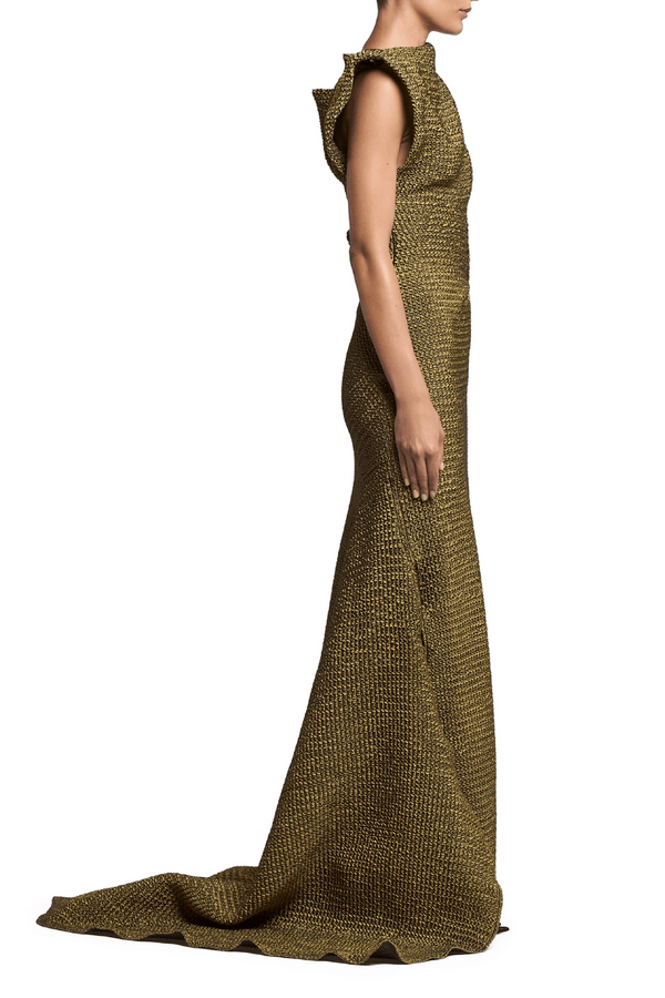 Lyra Gown in Gold Waffle - ALBOUSHIYA - district 5 - dubai - riyadh - abaya - dresses - designers - evening wear - luxury - elegance - craftsmanship - gowns - cocktail dresses - collections - georges