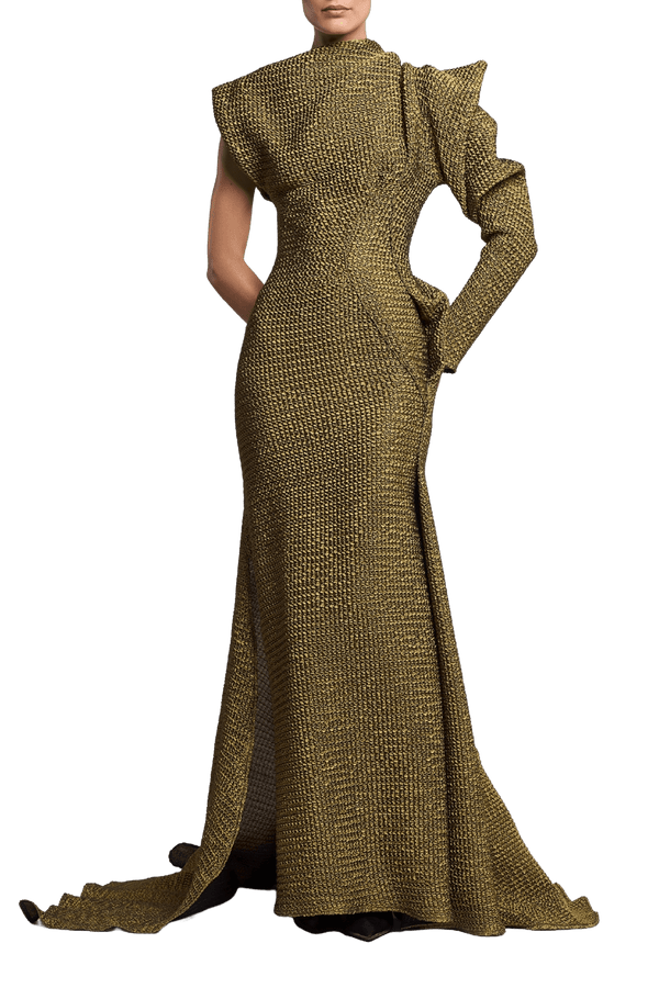 Lyra Gown in Gold Waffle - ALBOUSHIYA - district 5 - dubai - riyadh - abaya - dresses - designers - evening wear - luxury - elegance - craftsmanship - gowns - cocktail dresses - collections - georges