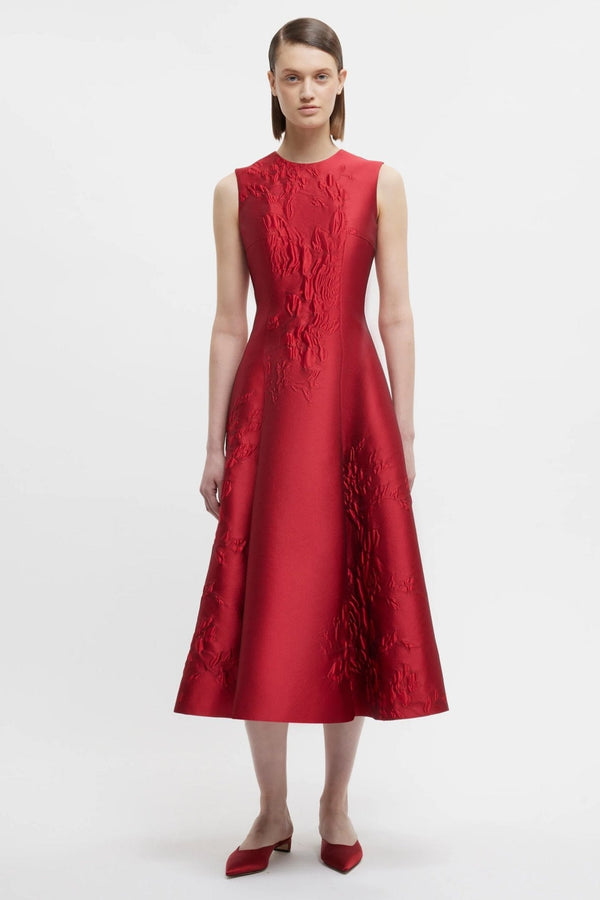 Mara Dress In Red Graphic Rose Jacquard - ALBOUSHIYA - district 5 - dubai - riyadh - abaya - dresses - designers - evening wear - luxury - elegance - craftsmanship - gowns - cocktail dresses - collections - georges