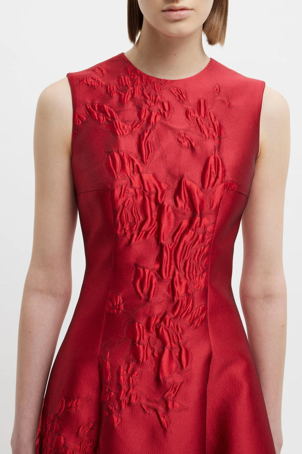 Mara Dress In Red Graphic Rose Jacquard - ALBOUSHIYA - district 5 - dubai - riyadh - abaya - dresses - designers - evening wear - luxury - elegance - craftsmanship - gowns - cocktail dresses - collections - georges