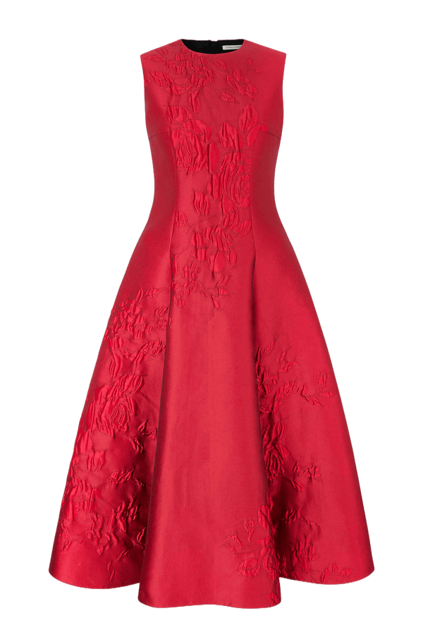 Mara Dress In Red Graphic Rose Jacquard - ALBOUSHIYA - district 5 - dubai - riyadh - abaya - dresses - designers - evening wear - luxury - elegance - craftsmanship - gowns - cocktail dresses - collections - georges