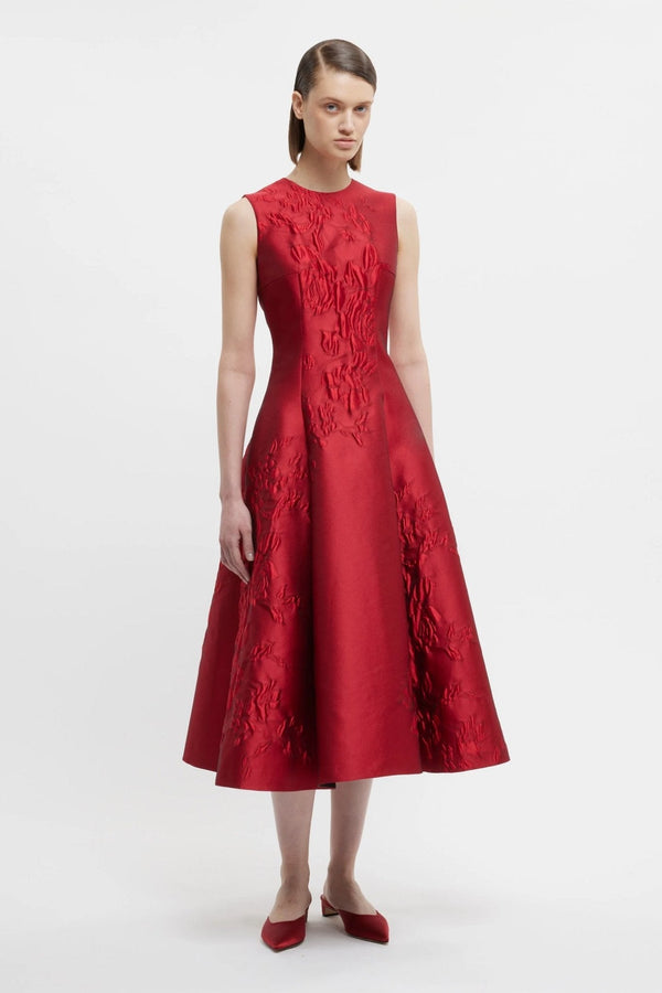 Mara Dress In Red Graphic Rose Jacquard - ALBOUSHIYA - district 5 - dubai - riyadh - abaya - dresses - designers - evening wear - luxury - elegance - craftsmanship - gowns - cocktail dresses - collections - georges
