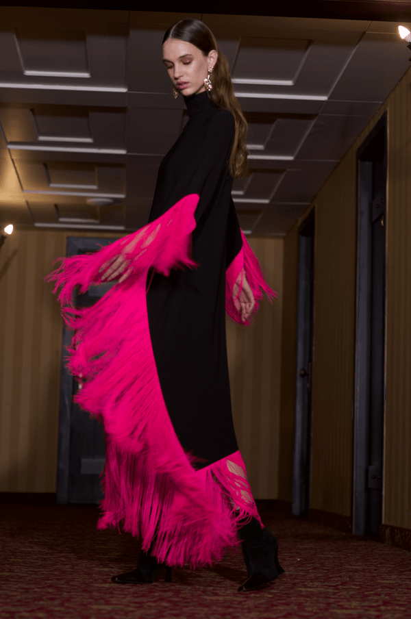 Maya Dress in Brown with Fuchsia Tassels - ALBOUSHIYA - district 5 - dubai - riyadh - abaya - dresses - designers - evening wear - luxury - elegance - craftsmanship - gowns - cocktail dresses - collections - georges