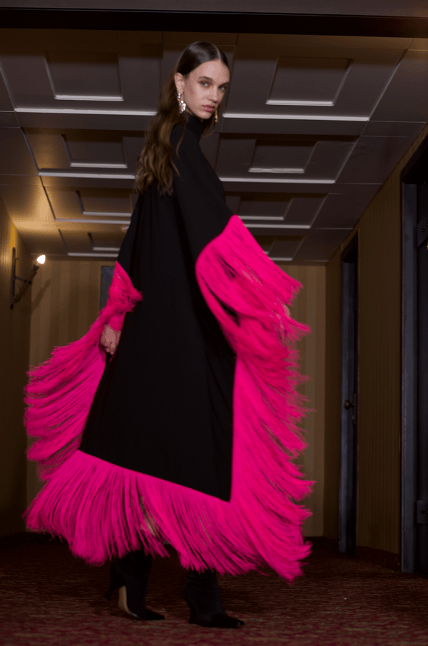 Maya Dress in Brown with Fuchsia Tassels - ALBOUSHIYA - district 5 - dubai - riyadh - abaya - dresses - designers - evening wear - luxury - elegance - craftsmanship - gowns - cocktail dresses - collections - georges