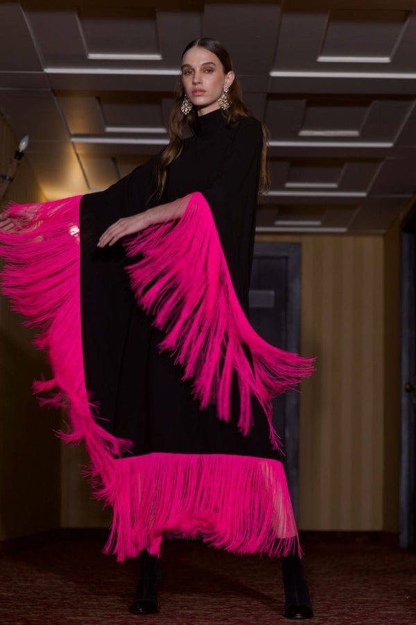 Maya Dress in Brown with Fuchsia Tassels - ALBOUSHIYA - district 5 - dubai - riyadh - abaya - dresses - designers - evening wear - luxury - elegance - craftsmanship - gowns - cocktail dresses - collections - georges