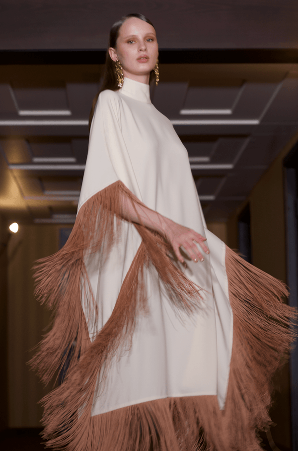 Maya Dress in Cream with Brown Tassels - ALBOUSHIYA - district 5 - dubai - riyadh - abaya - dresses - designers - evening wear - luxury - elegance - craftsmanship - gowns - cocktail dresses - collections - georges