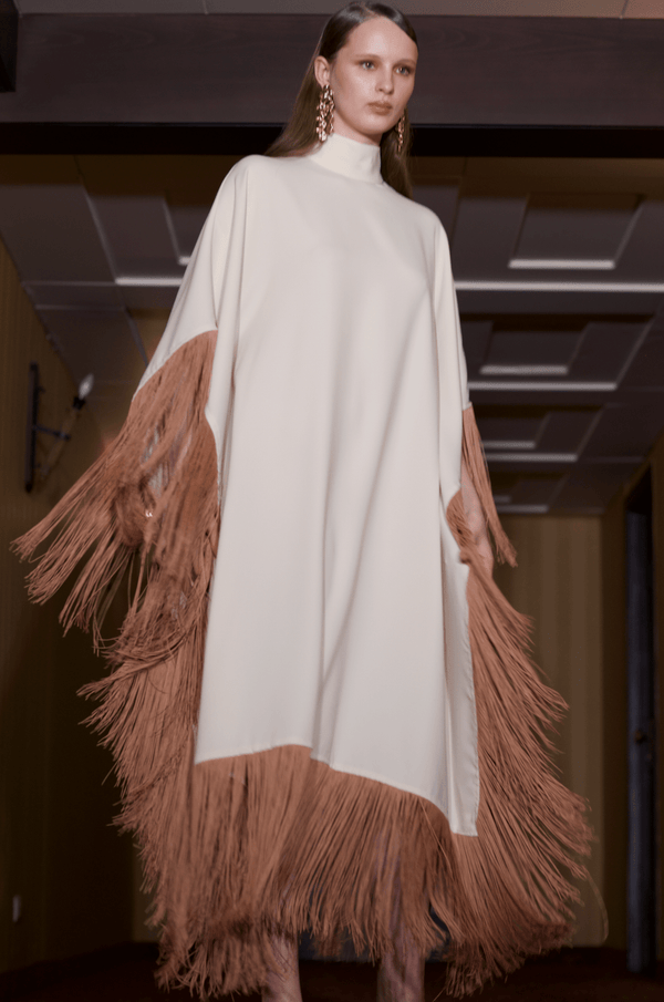 Maya Dress in Cream with Brown Tassels - ALBOUSHIYA - district 5 - dubai - riyadh - abaya - dresses - designers - evening wear - luxury - elegance - craftsmanship - gowns - cocktail dresses - collections - georges