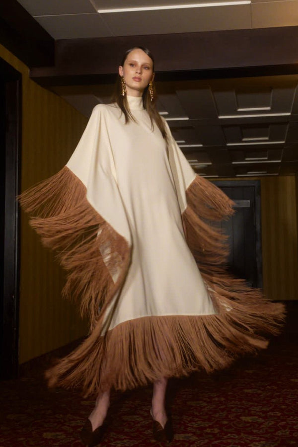 Maya Dress in Cream with Brown Tassels - ALBOUSHIYA - district 5 - dubai - riyadh - abaya - dresses - designers - evening wear - luxury - elegance - craftsmanship - gowns - cocktail dresses - collections - georges