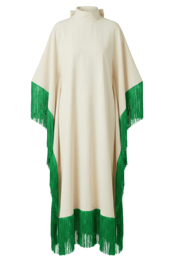 Maya Dress in Cream with Green Tassels - ALBOUSHIYA - district 5 - dubai - riyadh - abaya - dresses - designers - evening wear - luxury - elegance - craftsmanship - gowns - cocktail dresses - collections - georges