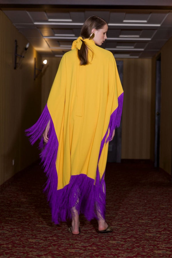 Maya Dress in Yellow with Purple Tassels - ALBOUSHIYA - district 5 - dubai - riyadh - abaya - dresses - designers - evening wear - luxury - elegance - craftsmanship - gowns - cocktail dresses - collections - georges