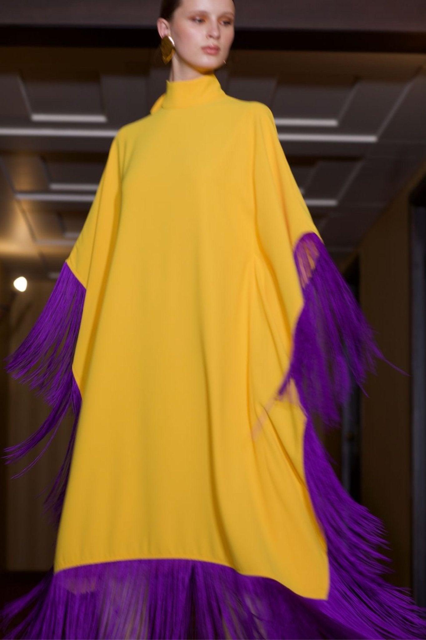 Maya Dress in Yellow with Purple Tassels - ALBOUSHIYA - district 5 - dubai - riyadh - abaya - dresses - designers - evening wear - luxury - elegance - craftsmanship - gowns - cocktail dresses - collections - georges