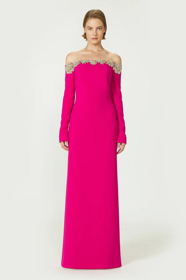 Meline Off - Shoulder Crepe Gown - ALBOUSHIYA - district 5 - dubai - riyadh - abaya - dresses - designers - evening wear - luxury - elegance - craftsmanship - gowns - cocktail dresses - collections - georges