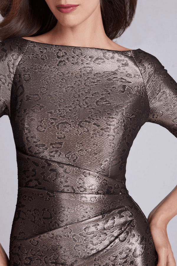 Metallic Animal Pattern Side Drape Gown - ALBOUSHIYA - district 5 - dubai - riyadh - abaya - dresses - designers - evening wear - luxury - elegance - craftsmanship - gowns - cocktail dresses - collections - georges