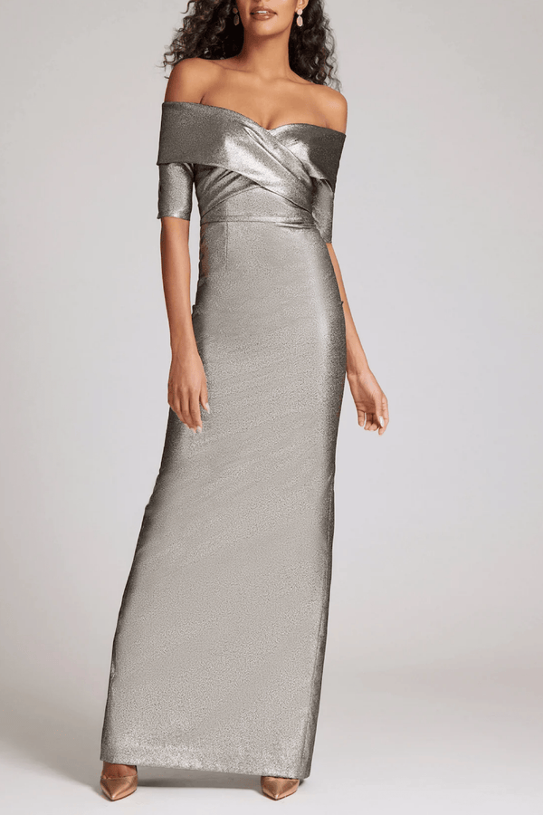 Metallic Jacquard Off Shoulder Portrait Gown - ALBOUSHIYA - district 5 - dubai - riyadh - abaya - dresses - designers - evening wear - luxury - elegance - craftsmanship - gowns - cocktail dresses - collections - georges