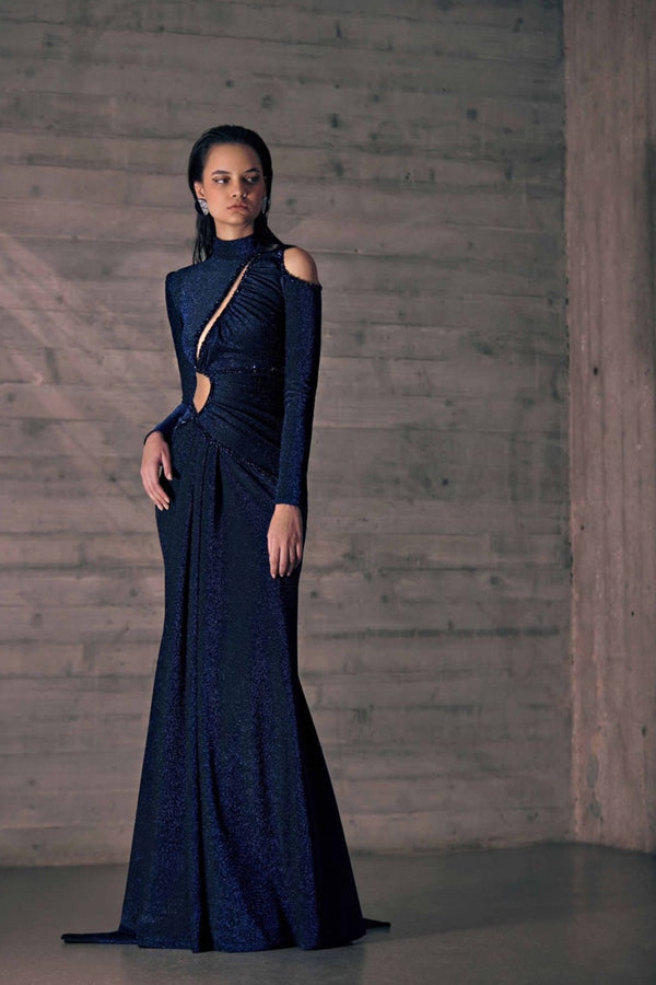 Midnight Blue Bejeweled Glittery Gown - ALBOUSHIYA - district 5 - dubai - riyadh - abaya - dresses - designers - evening wear - luxury - elegance - craftsmanship - gowns - cocktail dresses - collections - georges