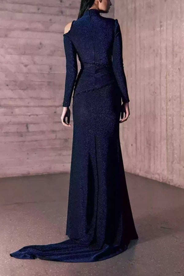 Midnight Blue Bejeweled Glittery Gown - ALBOUSHIYA - district 5 - dubai - riyadh - abaya - dresses - designers - evening wear - luxury - elegance - craftsmanship - gowns - cocktail dresses - collections - georges