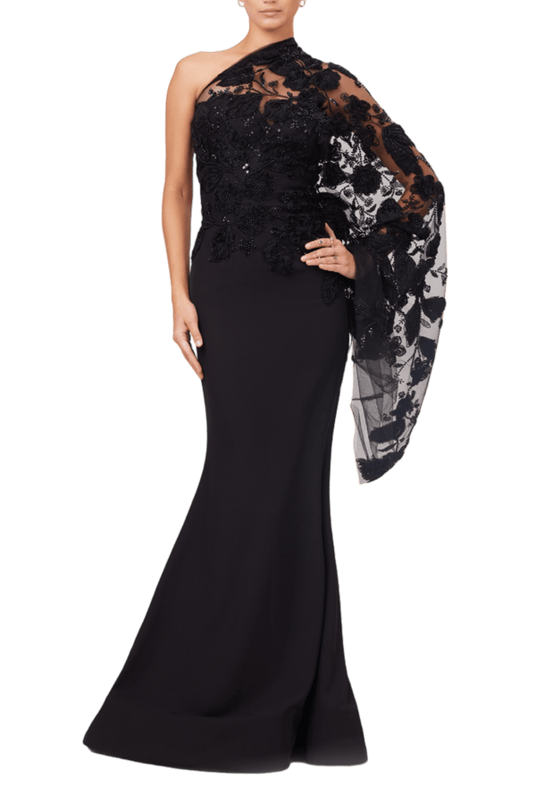 Midnight Elegance One - Shoulder Gown - ALBOUSHIYA - district 5 - dubai - riyadh - abaya - dresses - designers - evening wear - luxury - elegance - craftsmanship - gowns - cocktail dresses - collections - georges