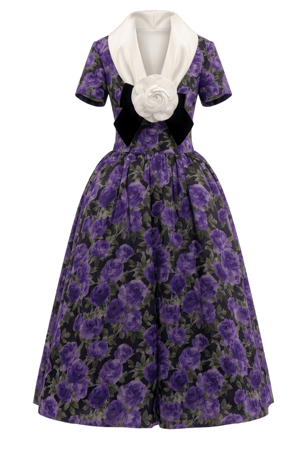 Midnight Violet Rose Midi Dress - ALBOUSHIYA - district 5 - dubai - riyadh - abaya - dresses - designers - evening wear - luxury - elegance - craftsmanship - gowns - cocktail dresses - collections - georges