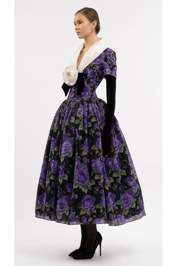 Midnight Violet Rose Midi Dress - ALBOUSHIYA - district 5 - dubai - riyadh - abaya - dresses - designers - evening wear - luxury - elegance - craftsmanship - gowns - cocktail dresses - collections - georges