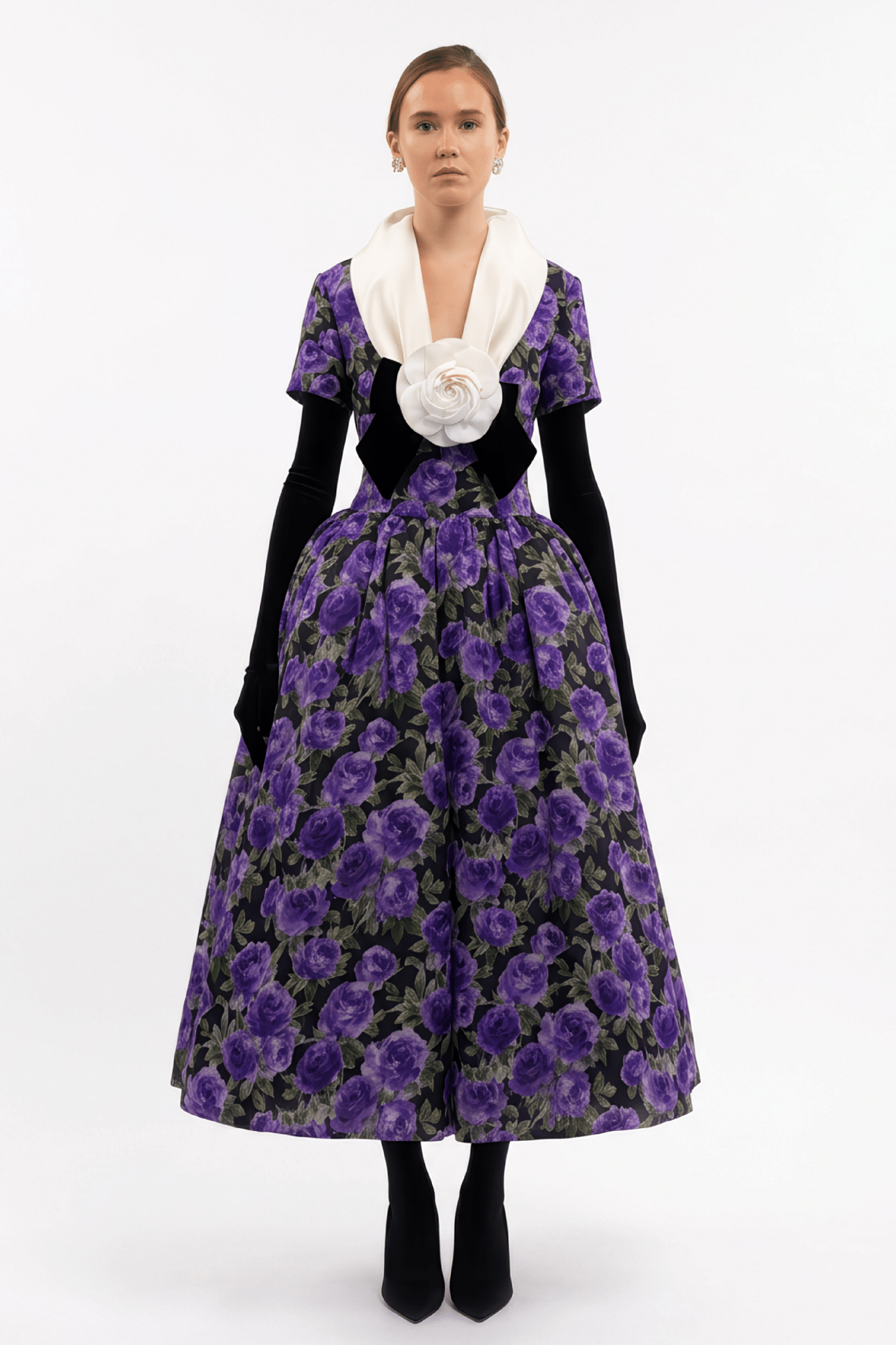 Midnight Violet Rose Midi Dress - ALBOUSHIYA - district 5 - dubai - riyadh - abaya - dresses - designers - evening wear - luxury - elegance - craftsmanship - gowns - cocktail dresses - collections - georges