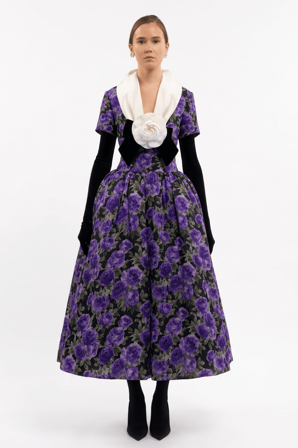 Midnight Violet Rose Midi Dress - ALBOUSHIYA - district 5 - dubai - riyadh - abaya - dresses - designers - evening wear - luxury - elegance - craftsmanship - gowns - cocktail dresses - collections - georges