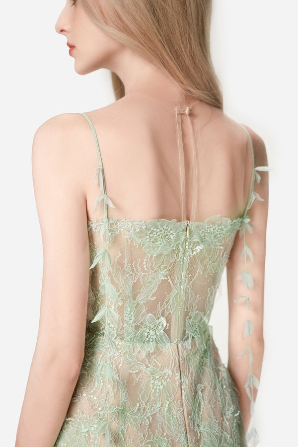 Mint Beaded Lace Pencil Dress - ALBOUSHIYA - district 5 - dubai - riyadh - abaya - dresses - designers - evening wear - luxury - elegance - craftsmanship - gowns - cocktail dresses - collections - georges