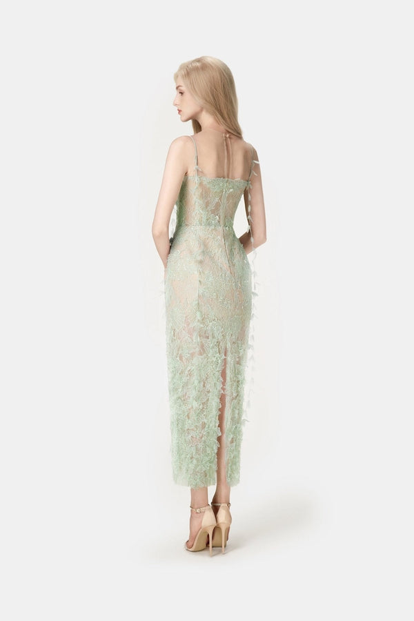 Mint Beaded Lace Pencil Dress - ALBOUSHIYA - district 5 - dubai - riyadh - abaya - dresses - designers - evening wear - luxury - elegance - craftsmanship - gowns - cocktail dresses - collections - georges
