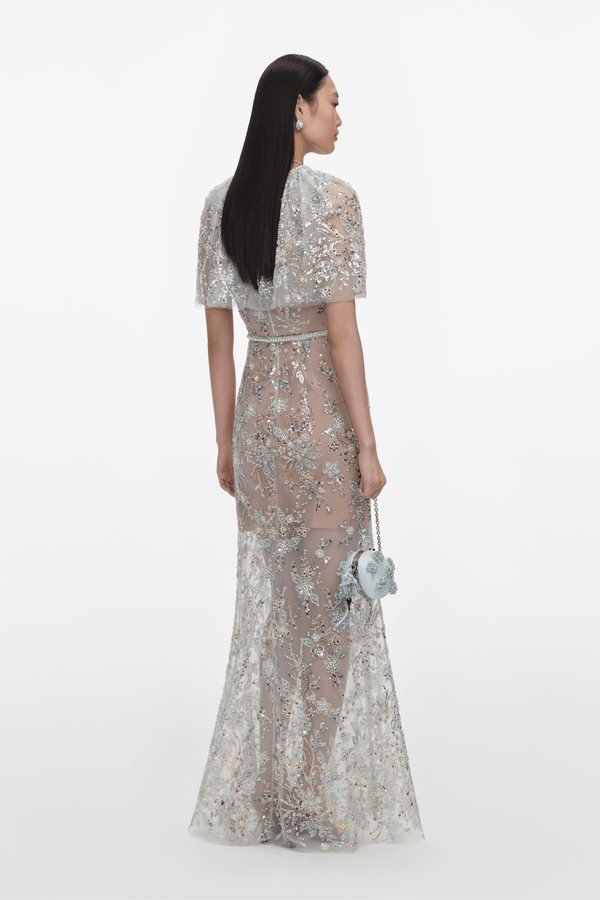 Mint Embellished Cape Maxi Dress - ALBOUSHIYA - district 5 - dubai - riyadh - abaya - dresses - designers - evening wear - luxury - elegance - craftsmanship - gowns - cocktail dresses - collections - georges