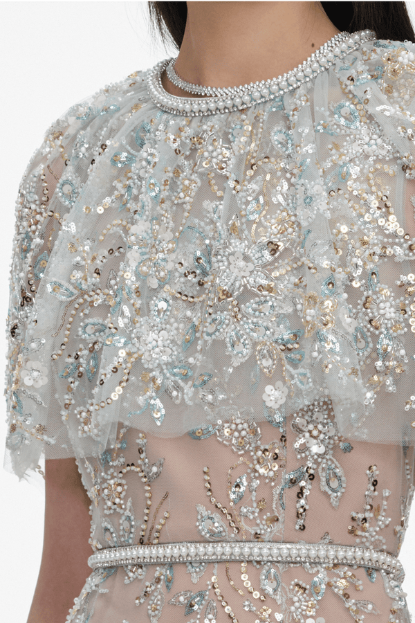 Mint Embellished Cape Maxi Dress - ALBOUSHIYA - district 5 - dubai - riyadh - abaya - dresses - designers - evening wear - luxury - elegance - craftsmanship - gowns - cocktail dresses - collections - georges