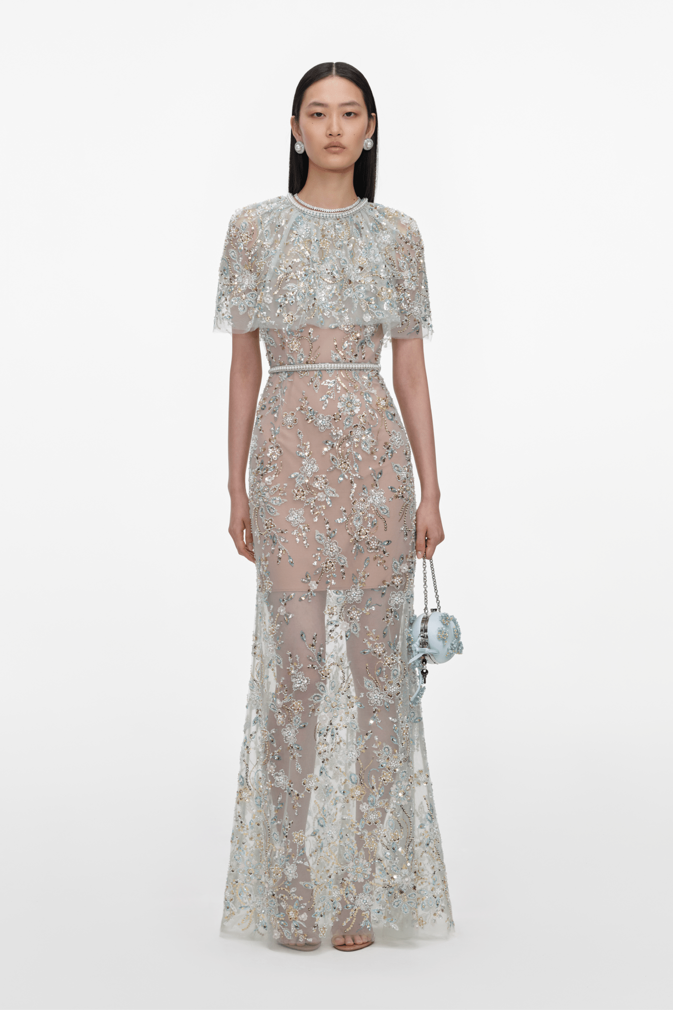 Mint Embellished Cape Maxi Dress - ALBOUSHIYA - district 5 - dubai - riyadh - abaya - dresses - designers - evening wear - luxury - elegance - craftsmanship - gowns - cocktail dresses - collections - georges