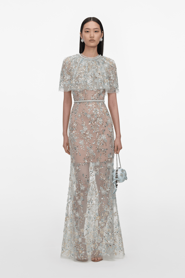 Mint Embellished Cape Maxi Dress - ALBOUSHIYA - district 5 - dubai - riyadh - abaya - dresses - designers - evening wear - luxury - elegance - craftsmanship - gowns - cocktail dresses - collections - georges