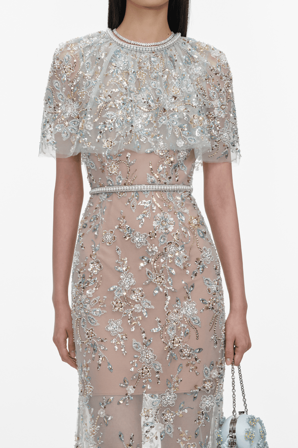 Mint Embellished Cape Maxi Dress - ALBOUSHIYA - district 5 - dubai - riyadh - abaya - dresses - designers - evening wear - luxury - elegance - craftsmanship - gowns - cocktail dresses - collections - georges