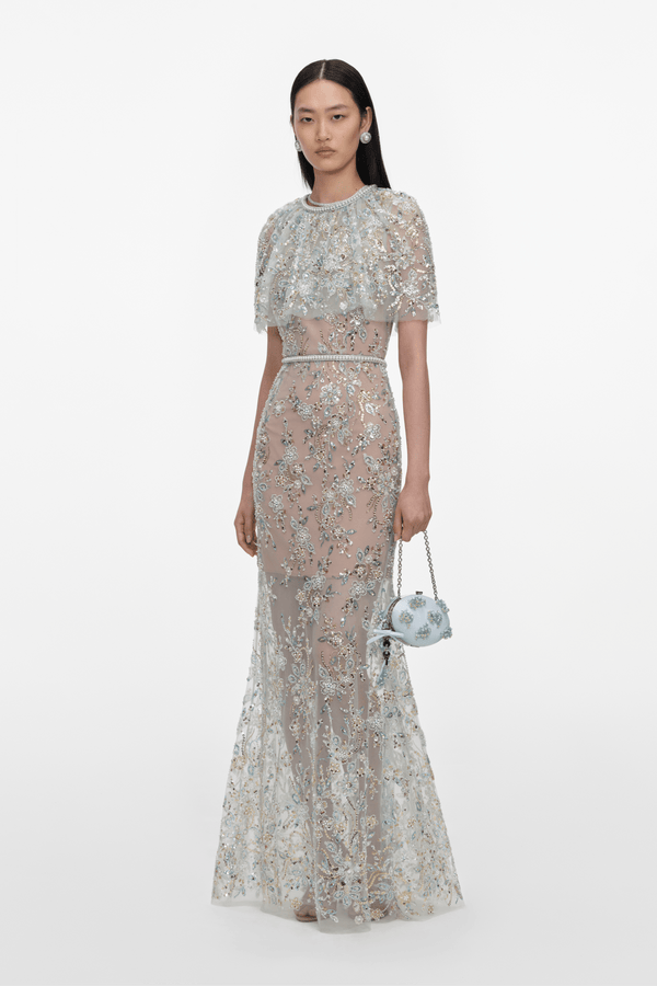 Mint Embellished Cape Maxi Dress - ALBOUSHIYA - district 5 - dubai - riyadh - abaya - dresses - designers - evening wear - luxury - elegance - craftsmanship - gowns - cocktail dresses - collections - georges