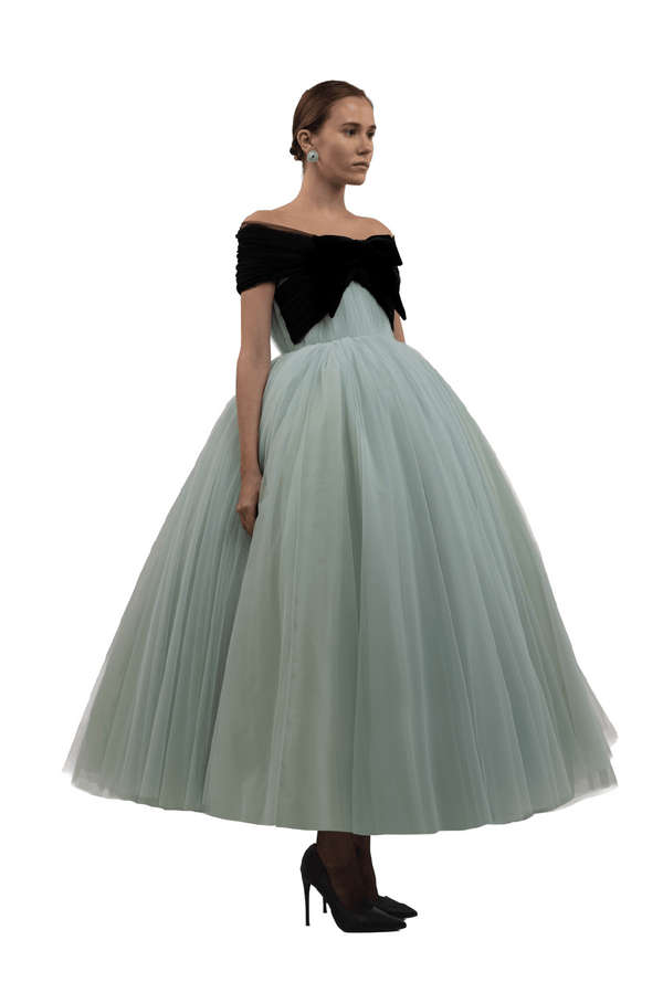 Mint Tulle Midi Gown with Off - Shoulder Bow Bodice - ALBOUSHIYA - district 5 - dubai - riyadh - abaya - dresses - designers - evening wear - luxury - elegance - craftsmanship - gowns - cocktail dresses - collections - georges