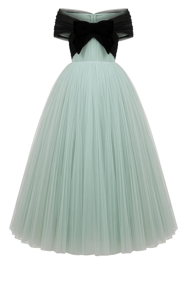Mint Tulle Midi Gown with Off - Shoulder Bow Bodice - ALBOUSHIYA - district 5 - dubai - riyadh - abaya - dresses - designers - evening wear - luxury - elegance - craftsmanship - gowns - cocktail dresses - collections - georges