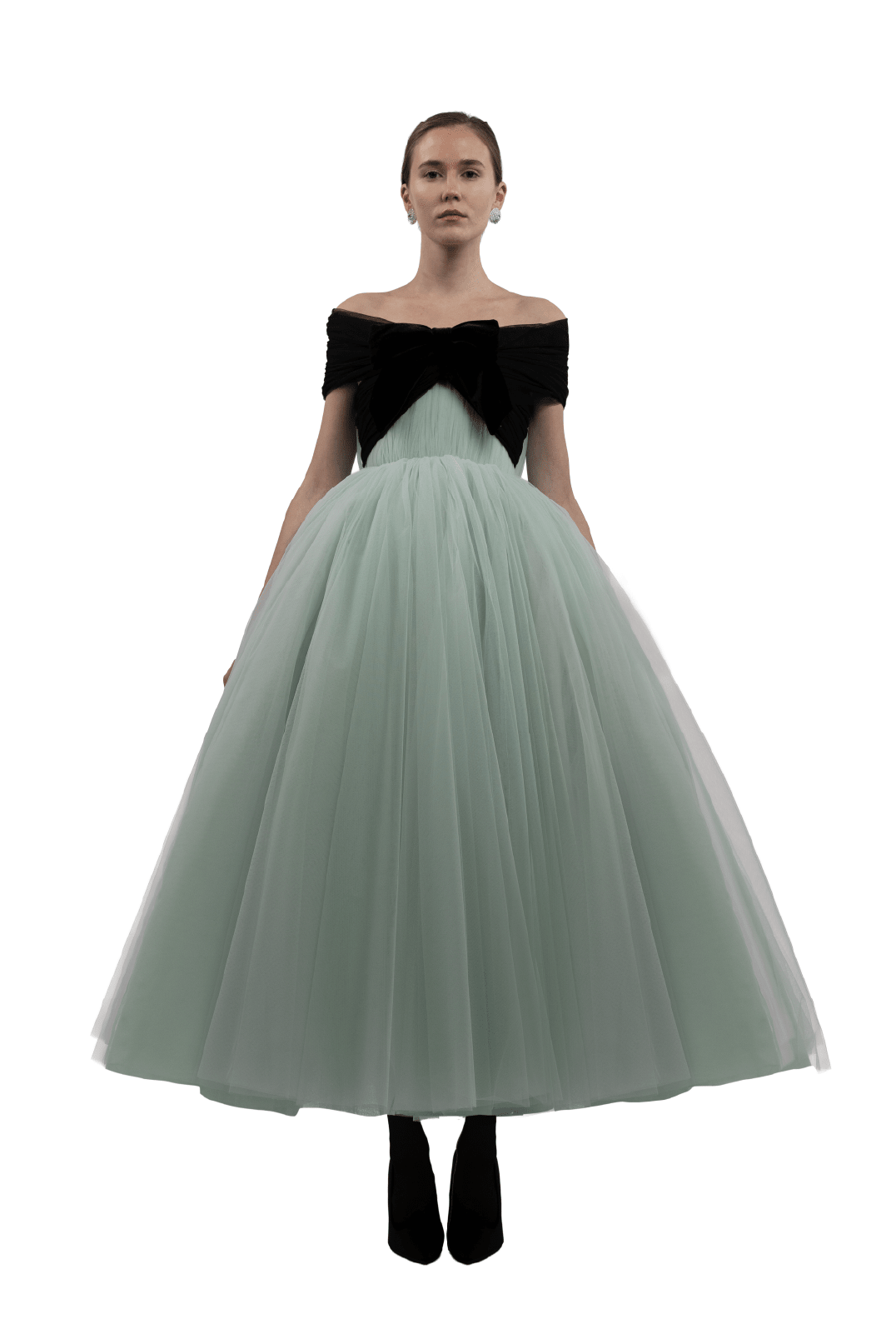 Mint Tulle Midi Gown with Off - Shoulder Bow Bodice - ALBOUSHIYA - district 5 - dubai - riyadh - abaya - dresses - designers - evening wear - luxury - elegance - craftsmanship - gowns - cocktail dresses - collections - georges