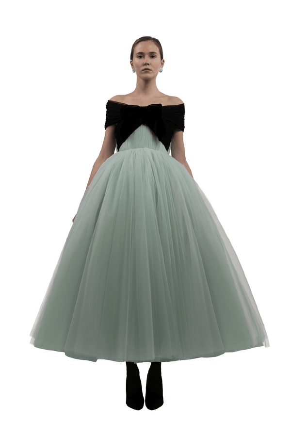 Mint Tulle Midi Gown with Off - Shoulder Bow Bodice - ALBOUSHIYA - district 5 - dubai - riyadh - abaya - dresses - designers - evening wear - luxury - elegance - craftsmanship - gowns - cocktail dresses - collections - georges