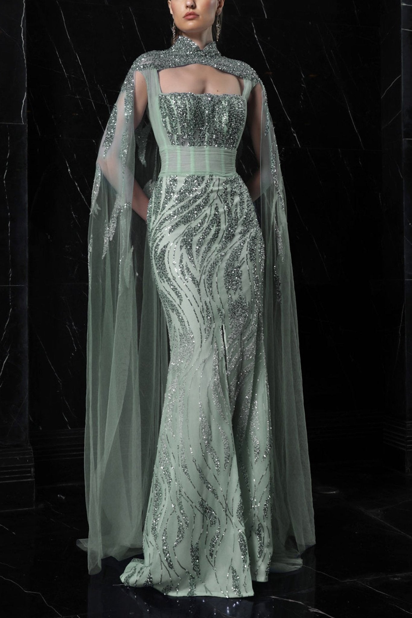 Mist Cape Gown - ALBOUSHIYA - district 5 - dubai - riyadh - abaya - dresses - designers - evening wear - luxury - elegance - craftsmanship - gowns - cocktail dresses - collections - georges