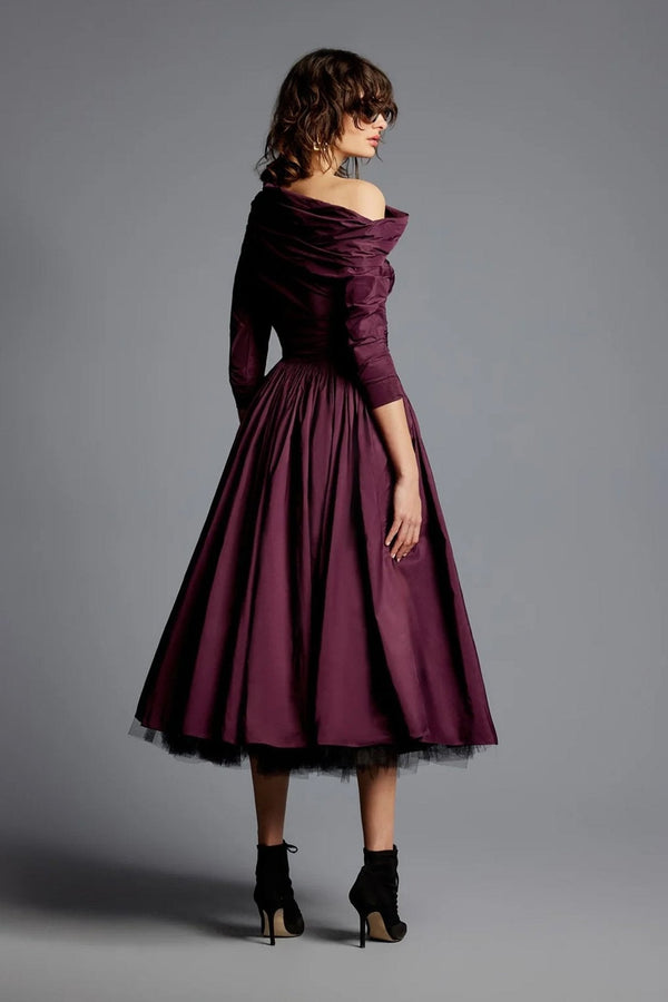 Mona Taffeta Drop Shoulder Midi Dress - ALBOUSHIYA - district 5 - dubai - riyadh - abaya - dresses - designers - evening wear - luxury - elegance - craftsmanship - gowns - cocktail dresses - collections - georges