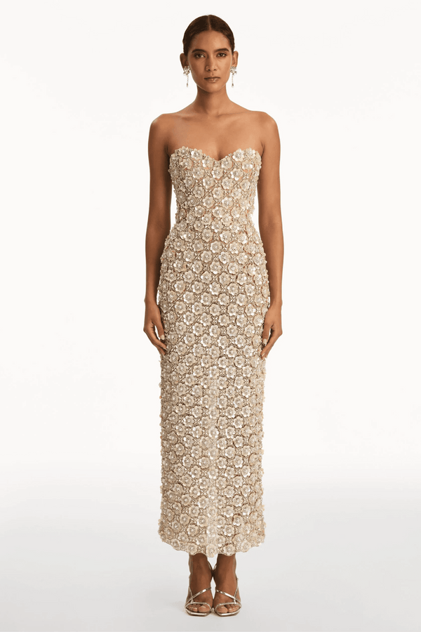 Mother of Pearl Embroidered Column Gown - ALBOUSHIYA - district 5 - dubai - riyadh - abaya - dresses - designers - evening wear - luxury - elegance - craftsmanship - gowns - cocktail dresses - collections - georges