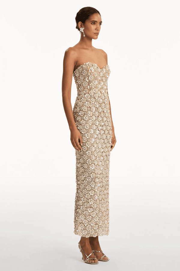 Mother of Pearl Embroidered Column Gown - ALBOUSHIYA - district 5 - dubai - riyadh - abaya - dresses - designers - evening wear - luxury - elegance - craftsmanship - gowns - cocktail dresses - collections - georges