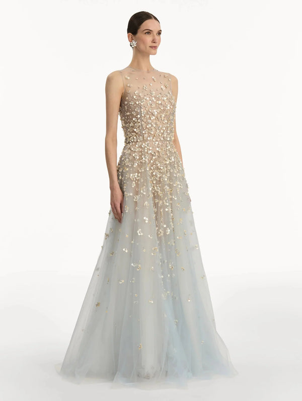 Mother of Pearl Embroidered Illusion Gown - ALBOUSHIYA - district 5 - dubai - riyadh - abaya - dresses - designers - evening wear - luxury - elegance - craftsmanship - gowns - cocktail dresses - collections - georges
