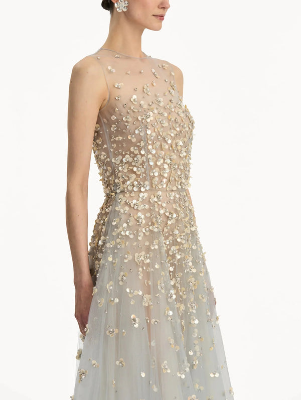 Mother of Pearl Embroidered Illusion Gown - ALBOUSHIYA - district 5 - dubai - riyadh - abaya - dresses - designers - evening wear - luxury - elegance - craftsmanship - gowns - cocktail dresses - collections - georges