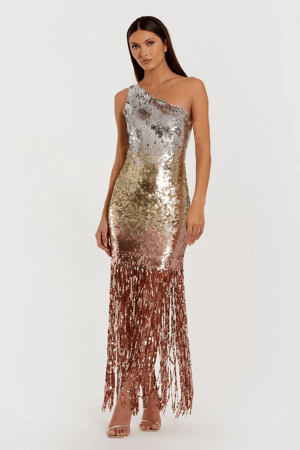 Multicolor Ombre Sequin One Shoulder Fringe Dress - ALBOUSHIYA - district 5 - dubai - riyadh - abaya - dresses - designers - evening wear - luxury - elegance - craftsmanship - gowns - cocktail dresses - collections - georges