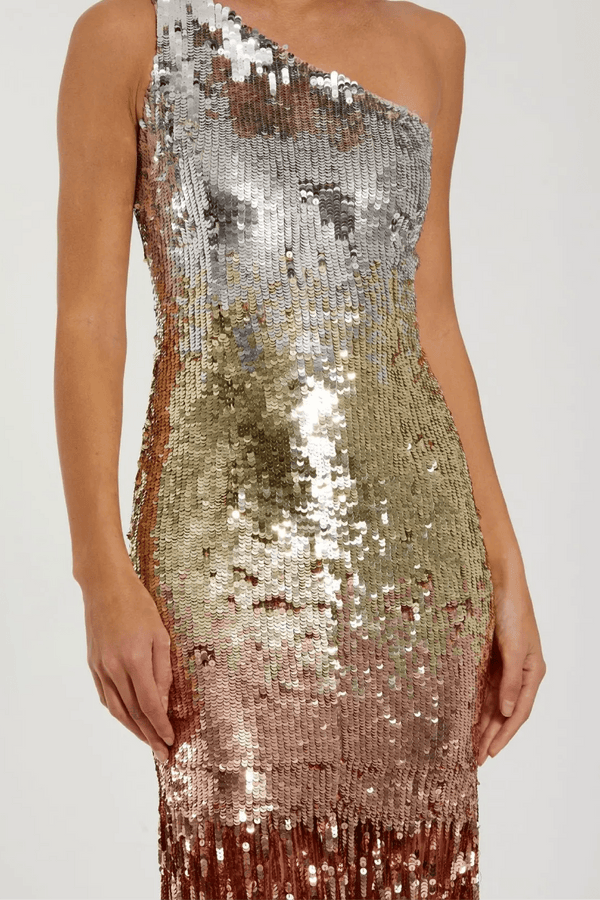 Multicolor Ombre Sequin One Shoulder Fringe Dress - ALBOUSHIYA - district 5 - dubai - riyadh - abaya - dresses - designers - evening wear - luxury - elegance - craftsmanship - gowns - cocktail dresses - collections - georges